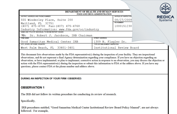 FDA 483 - Good Samaritan Medical Center IRB [West Palm Beach / United States of America] - Download PDF - Redica Systems