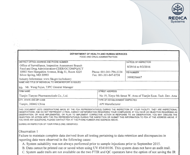 FDA 483 - Tianjin Tianyao Pharmaceuticals Co.,Ltd. [300462 China / China] - Download PDF - Redica Systems
