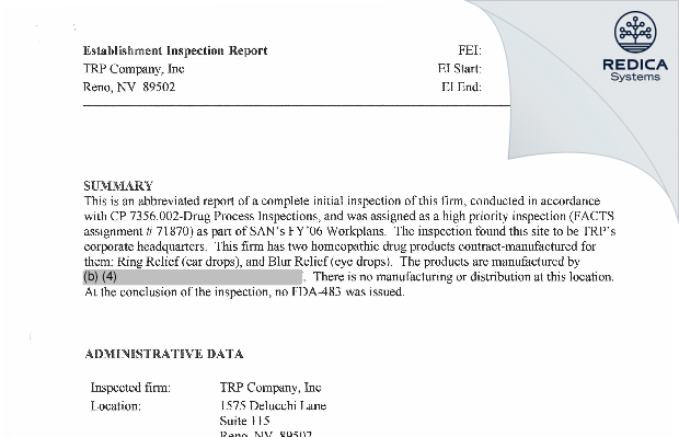 EIR - TRP Company, Inc [Reno / United States of America] - Download PDF - Redica Systems