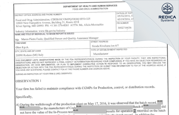 FDA 483 - Olon SpA [Italy / Italy] - Download PDF - Redica Systems