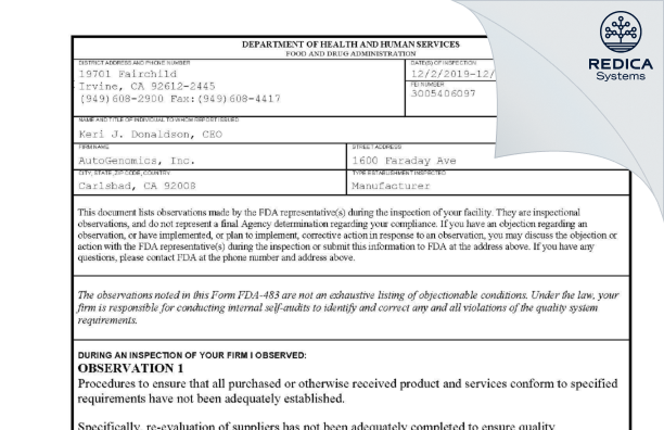 FDA 483 - AutoGenomics, Inc. [Carlsbad / United States of America] - Download PDF - Redica Systems