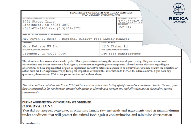 FDA 483 - Mars Petcare US Inc [Columbus / United States of America] - Download PDF - Redica Systems