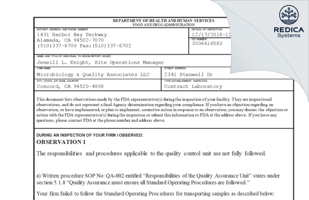FDA 483 - Microbiology & Quality Associates, Inc. [Concord / United States of America] - Download PDF - Redica Systems