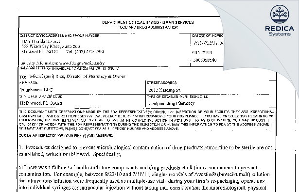 FDA 483 - Infupharma LLC d.b.a. President Pharmacy [Hollywood / United States of America] - Download PDF - Redica Systems