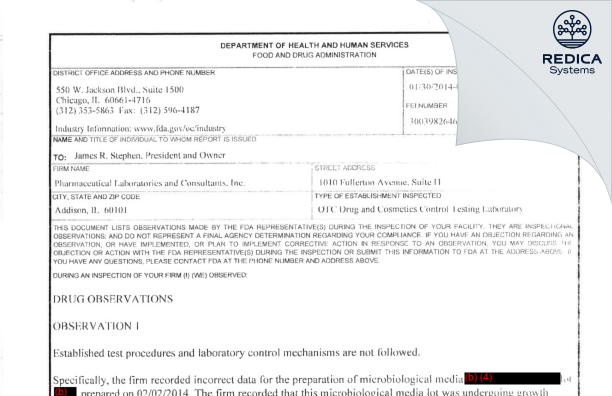 FDA 483 - Pharmaceutical Laboratories and Consultants, Inc. [Addison / United States of America] - Download PDF - Redica Systems