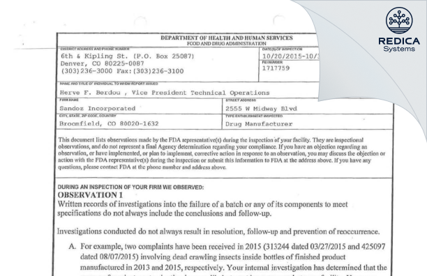 FDA 483 - Sandoz Incorporated [Broomfield / United States of America] - Download PDF - Redica Systems