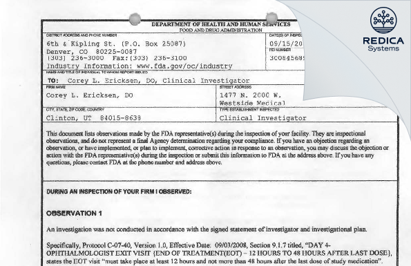 FDA 483 - Ericksen Research and Development [Clinton / United States of America] - Download PDF - Redica Systems