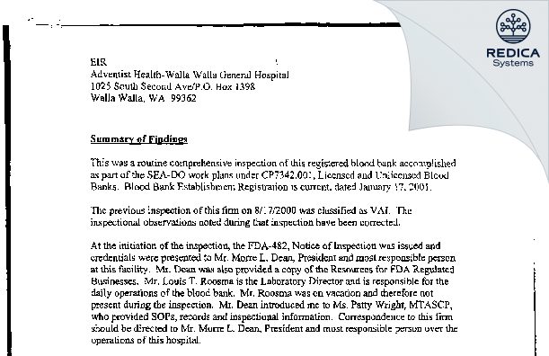 EIR - Adventist Health Walla Walla General Hospital [Walla Walla / United States of America] - Download PDF - Redica Systems