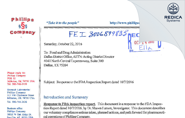FDA 483 Response - Phillips Co. [Millerton / United States of America] - Download PDF - Redica Systems