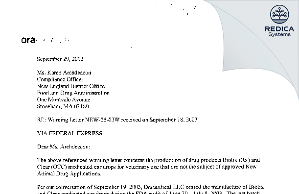 FDA 483 Response - Oraceutical LLC [Lee / United States of America] - Download PDF - Redica Systems