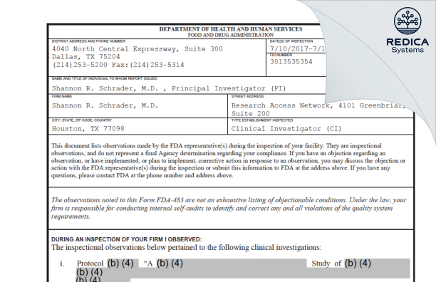 FDA 483 - Shannon R. Schrader, M.D. [Houston / United States of America] - Download PDF - Redica Systems