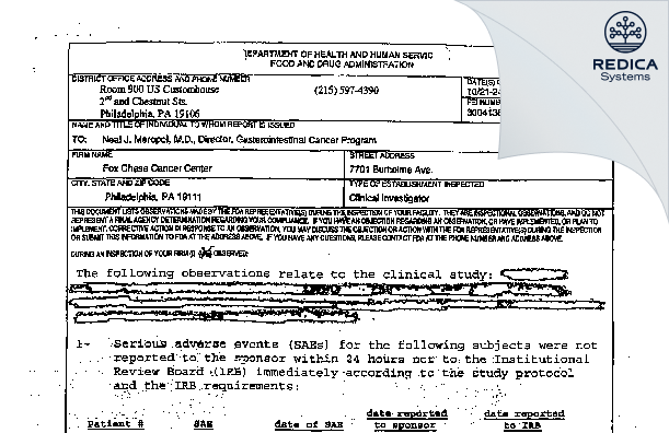 FDA 483 - Neal J. Meropol, M.d. [Philadelphia / United States of America] - Download PDF - Redica Systems