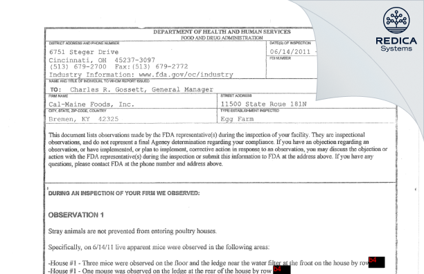 FDA 483 - Cal-Maine Foods Inc [Bremen / United States of America] - Download PDF - Redica Systems