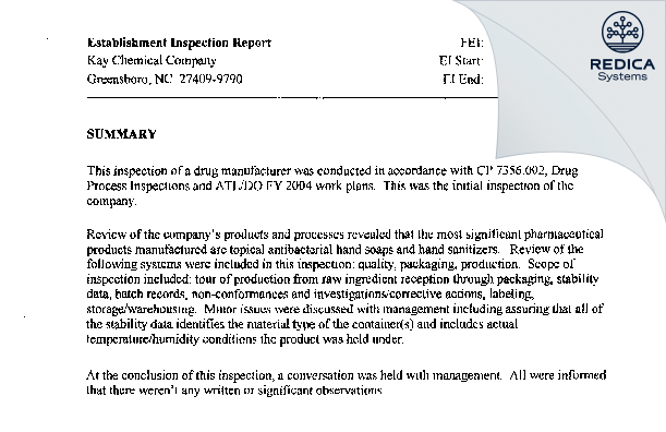 EIR - Kay Chemical Company [Greensboro / United States of America] - Download PDF - Redica Systems