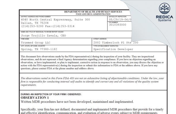 FDA 483 - Truemed Group LLC [The Woodlands Texas / United States of America] - Download PDF - Redica Systems
