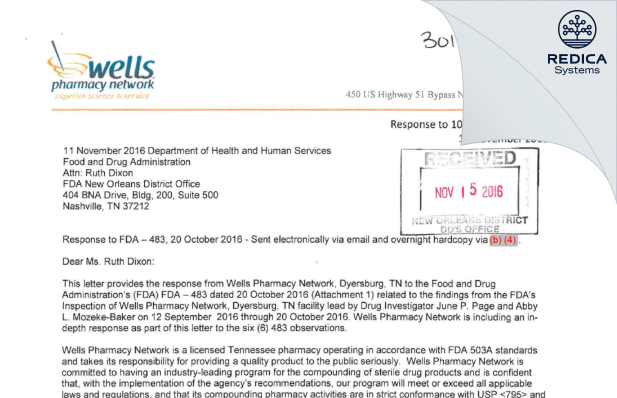 FDA 483 Response - Wells Pharmacy, Inc [Dyersburg / United States of America] - Download PDF - Redica Systems