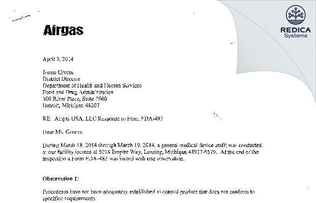 FDA 483 Response - Airgas Usa, LLC [Lansing / United States of America] - Download PDF - Redica Systems