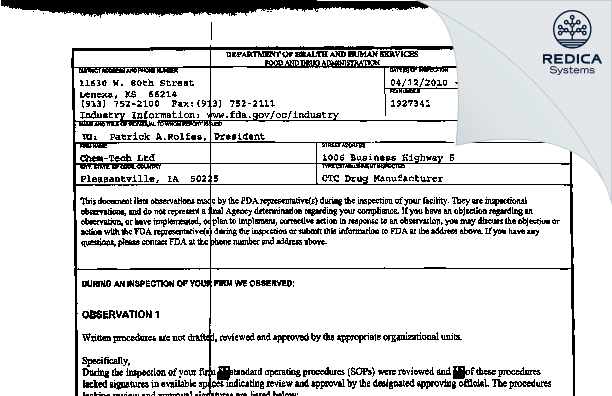 FDA 483 - Chem-Tech Ltd [Pleasantville / United States of America] - Download PDF - Redica Systems