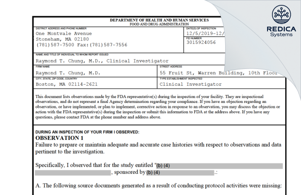FDA 483 - Raymond T. Chung, M.D. [Boston / United States of America] - Download PDF - Redica Systems