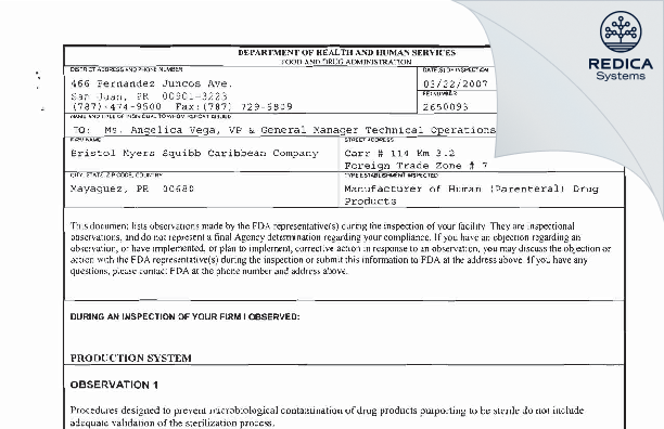 FDA 483 - Bristol Myers Squibb Caribbean Company [Mayaguez / United States of America] - Download PDF - Redica Systems