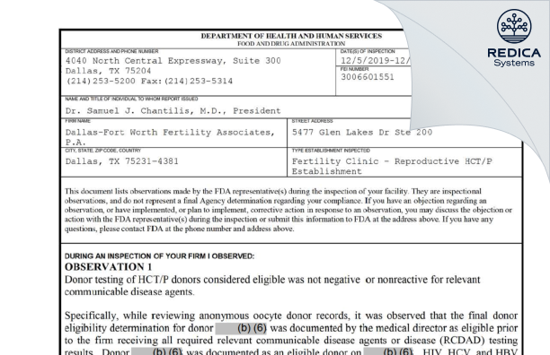 FDA 483 - Dallas-Fort Worth Fertility Associates, P.A. [Dallas / United States of America] - Download PDF - Redica Systems