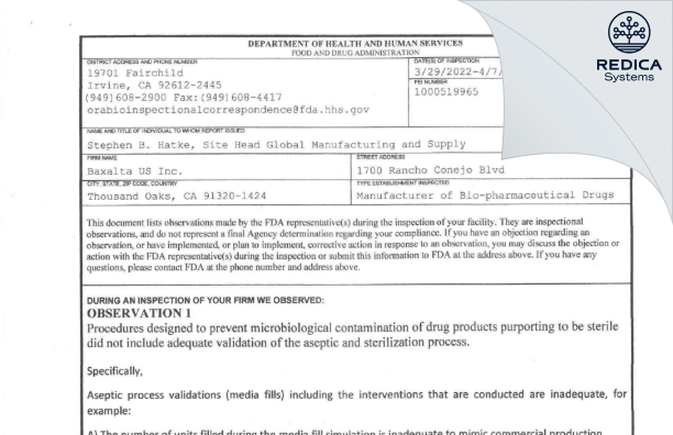 FDA 483 - BAXALTA US INC. [Thousand Oaks / United States of America] - Download PDF - Redica Systems