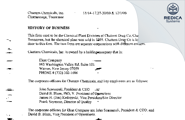 EIR - Chattem Chemicals, Inc. [Chattanooga / United States of America] - Download PDF - Redica Systems