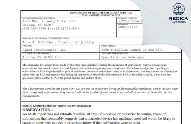 FDA 483 - Rymed Technologies, LLC [Austin / United States of America] - Download PDF - Redica Systems