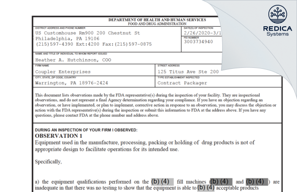 FDA 483 - Coupler Enterprises Inc. [Horsham Pennsylvania / United States of America] - Download PDF - Redica Systems