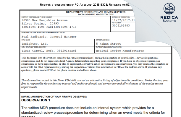 FDA 483 - InSightec, Ltd. [Tirat Carmel / Israel] - Download PDF - Redica Systems