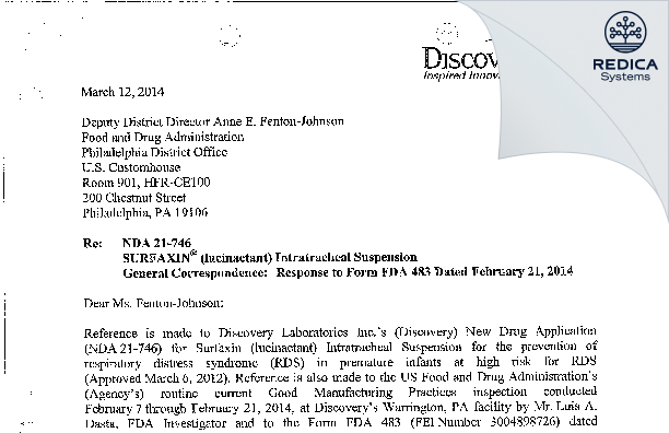 FDA 483 Response - Discovery Laboratories, Inc. [Warrington / United States of America] - Download PDF - Redica Systems