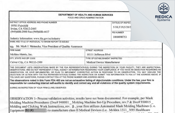 FDA 483 - Moldex-Metric, Inc. [Culver City / United States of America] - Download PDF - Redica Systems