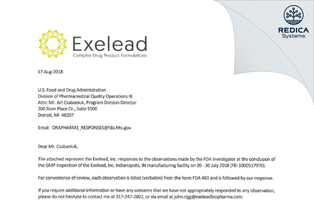 FDA 483 Response - Exelead, Inc. [Indianapolis / United States of America] - Download PDF - Redica Systems