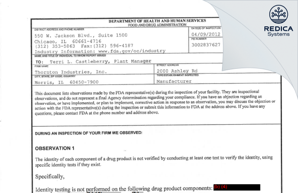 FDA 483 - Thornton Industries, Inc. [Morris / United States of America] - Download PDF - Redica Systems