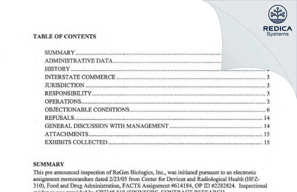 EIR - ReGen Biologics, Inc. [Franklin Lakes / United States of America] - Download PDF - Redica Systems