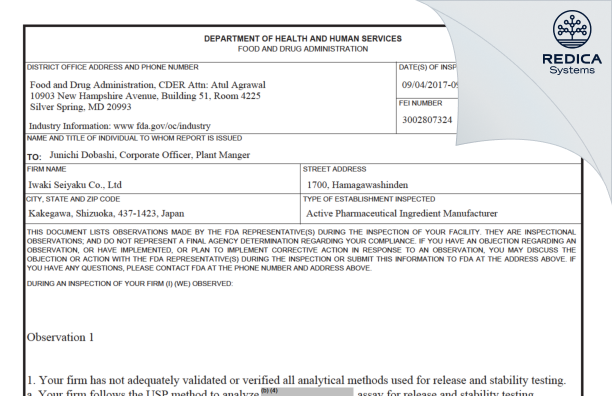 FDA 483 - Spera Nexus, Inc. [Kakegawa / Japan] - Download PDF - Redica Systems