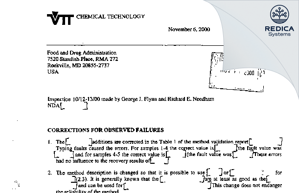 FDA 483 Response - VTT Chemical Technology [Espoo / Finland] - Download PDF - Redica Systems