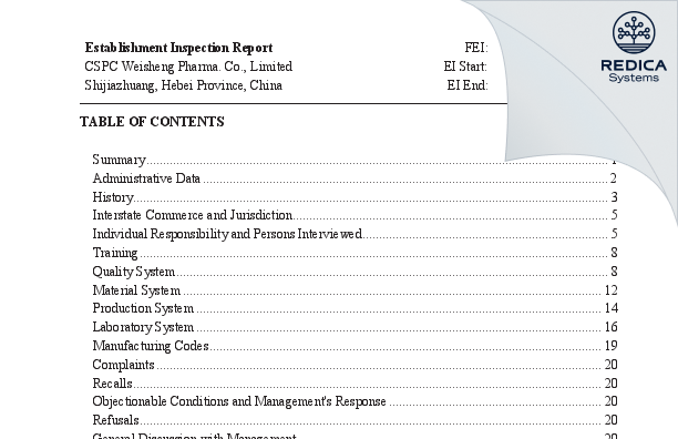 EIR - CSPC Weisheng Pharmaceutical (Shijiazhuang) Co., Ltd. [China / China] - Download PDF - Redica Systems