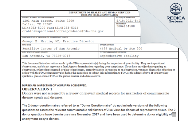 FDA 483 - Fertility Center of San Antonio [San Antonio / United States of America] - Download PDF - Redica Systems