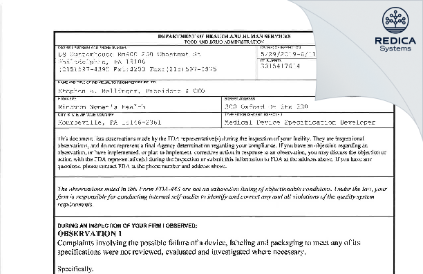 FDA 483 - Rinovum Subsidiary 2 LLC [Monroeville / United States of America] - Download PDF - Redica Systems
