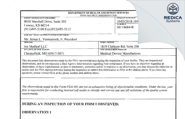FDA 483 - inx Medical, LLC [Chesterfield / United States of America] - Download PDF - Redica Systems