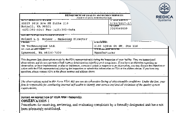 FDA 483 - VH Technologies Ltd. [Lynnwood / United States of America] - Download PDF - Redica Systems