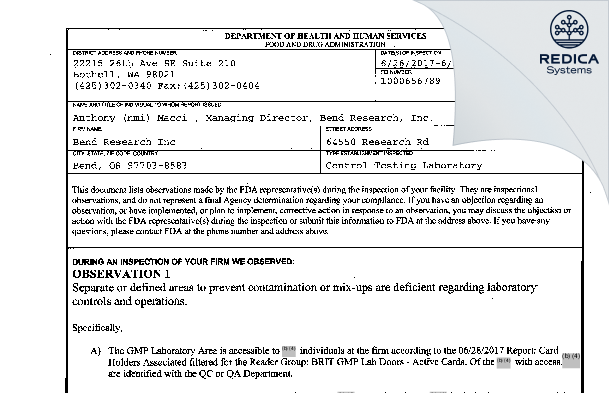 FDA 483 - Bend Research Inc. [Oregon / United States of America] - Download PDF - Redica Systems