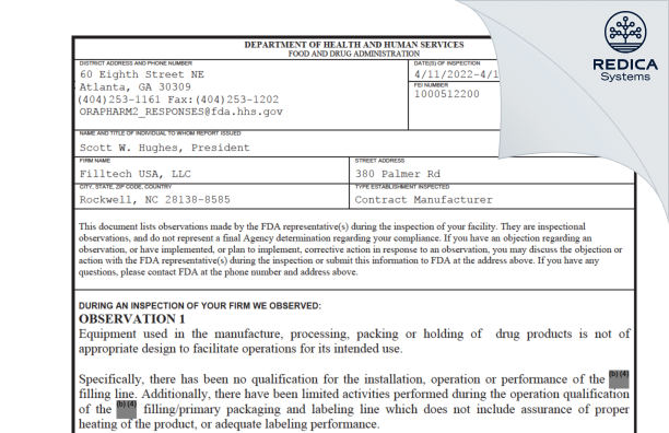 FDA 483 - Filltech USA, LLC [Rockwell / United States of America] - Download PDF - Redica Systems