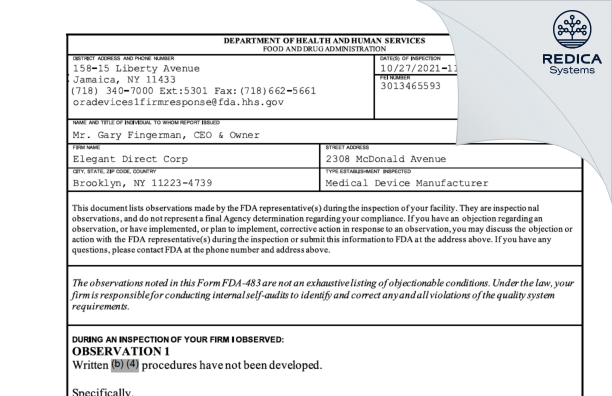 FDA 483 - Elegant Direct Corp [Brooklyn / United States of America] - Download PDF - Redica Systems