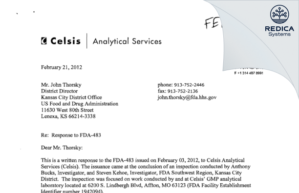 FDA 483 Response - Alcami Carolinas Corporation [St. Louis / United States of America] - Download PDF - Redica Systems