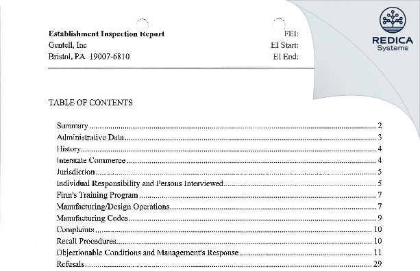 EIR - Gentell, Inc [Bristol / United States of America] - Download PDF - Redica Systems