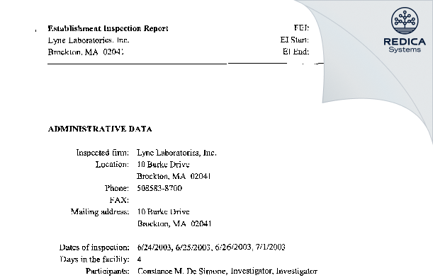 EIR - Lyne Laboratories, Inc. [Brockton / United States of America] - Download PDF - Redica Systems
