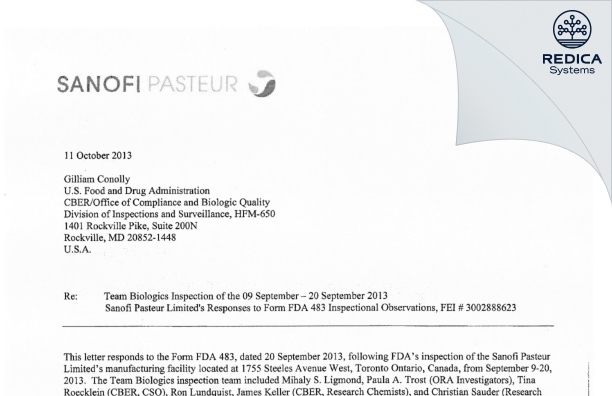 FDA 483 Response - Sanofi Pasteur Limited [North York / Canada] - Download PDF - Redica Systems