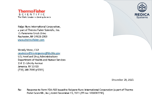 FDA 483 Response - Nalge Nunc International Corporation [Rochester / United States of America] - Download PDF - Redica Systems